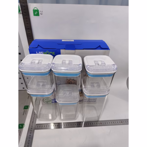 Cutii de Depozitare Alimente, Flippy, Set din 6 Cutii de tip Container, 2x0.5 l, 2x0.8 l, 2x1.2 l, Recipiente pentru Cereale in Bucatarie,  Transparente cu Capac Albastru-Alb - imagine 3