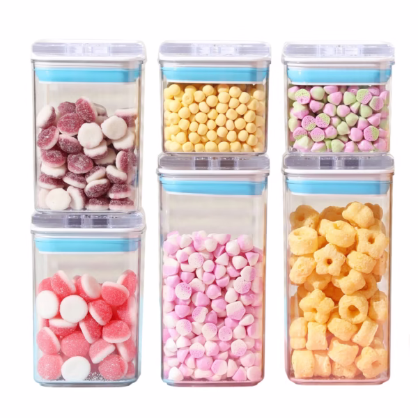 Cutii de Depozitare Alimente, Flippy, Set din 6 Cutii de tip Container, 2x0.5 l, 2x0.8 l, 2x1.2 l, Recipiente pentru Cereale in Bucatarie,  Transparente cu Capac Albastru-Alb - imagine 1