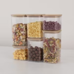 Cutii de Depozitare Alimente, Flippy, Set din 6 Cutii de tip Container, Cutii pentru Cereale, din Plastic, Capac din Bambuc, 2pc 0.5 l. 2pc 0.8 l, 2pc 1.2 l, Transparente - imagine 2