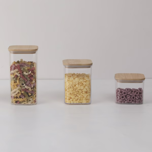 Cutii de Depozitare Alimente, Flippy, Set din 6 Cutii de tip Container, Cutii pentru Cereale, din Plastic, Capac din Bambuc, 2pc 0.5 l. 2pc 0.8 l, 2pc 1.2 l, Transparente - imagine 3