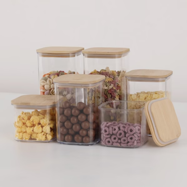 Cutii de Depozitare Alimente, Flippy, Set din 6 Cutii de tip Container, Cutii pentru Cereale, din Plastic, Capac din Bambuc, 2pc 0.5 l. 2pc 0.8 l, 2pc 1.2 l, Transparente - imagine 4