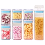 Cutii de Depozitare Alimente, Flippy, Set din 7 Cutii de tip Container, 2x0.5 l, 2x0.8 l, 2x1.2 l, 1x1.9 l, Recipiente pentru Cereale in Bucatarie,  Transparente cu Capac Albastru-Alb