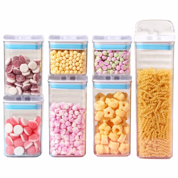 Cutii de Depozitare Alimente, Flippy, Set din 7 Cutii de tip Container, 2x0.5 l, 2x0.8 l, 2x1.2 l, 1x1.9 l, Recipiente pentru Cereale in Bucatarie,  Transparente cu Capac Albastru-Alb - imagine 1