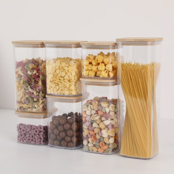 Cutii de Depozitare Alimente, Flippy, Set din 7 Cutii de tip Container, Cutii pentru Cereale, din Plastic, Capac din Bambuc, 2pc 0.5 l, 2pc 0.8 l, 2pc 1.2 l, 1pc 2.5 l, Transparente - imagine 2