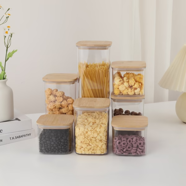 Cutii de Depozitare Alimente, Flippy, Set din 7 Cutii de tip Container, Cutii pentru Cereale, din Plastic, Capac din Bambuc, 2pc 0.5 l, 2pc 0.8 l, 2pc 1.2 l, 1pc 2.5 l, Transparente - imagine 3