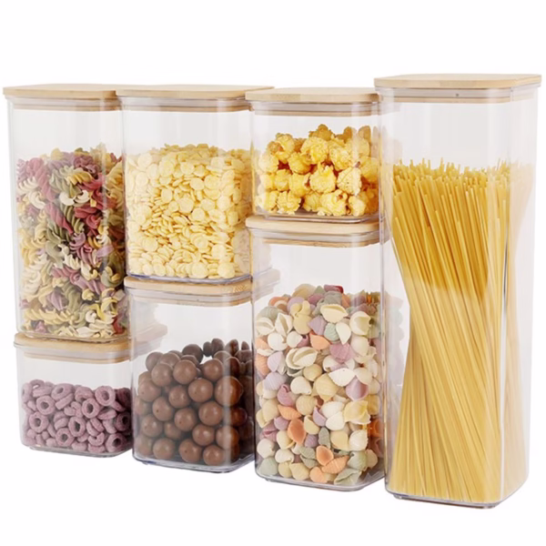 Cutii de Depozitare Alimente, Flippy, Set din 7 Cutii de tip Container, Cutii pentru Cereale, din Plastic, Capac din Bambuc, 2pc 0.5 l, 2pc 0.8 l, 2pc 1.2 l, 1pc 2.5 l, Transparente - imagine 1
