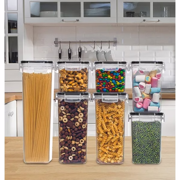 Cutii de depozitare alimente, Flippy, Set din 7 Cutii pentru Condimente, Cereale, Cutii pentru Bucatarie, din Plastic PP, Cutii Alimentare, Diferite Dimensiuni, Transparente - imagine 5