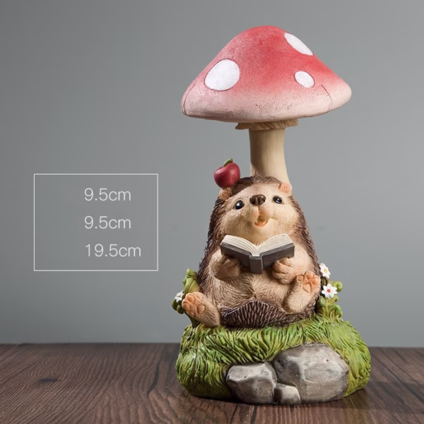 Decoratiune pentru Gradina, Flippy, Lumini LED cu Incarcare solara, 19.5 x 9.5 x 9.5 cm, Model Ciuperca cu Arici care Citeste, Maro inchis - imagine 2