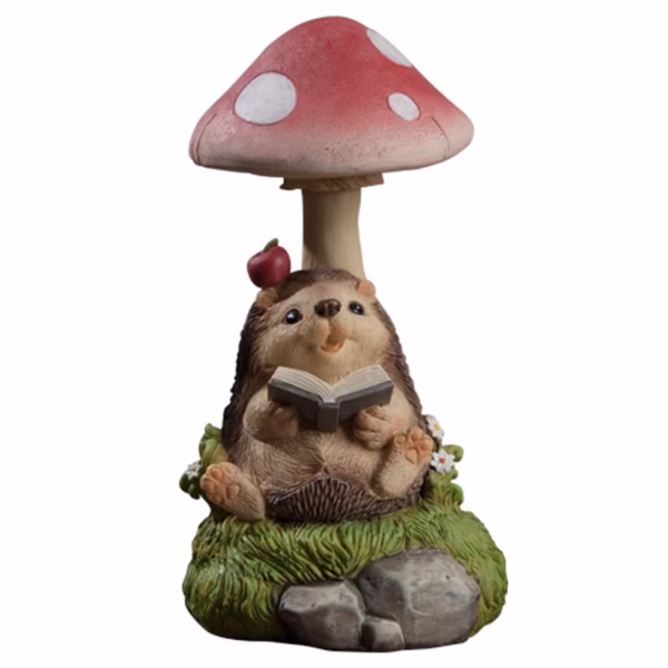 Decoratiune pentru Gradina, Flippy, Lumini LED cu Incarcare solara, 19.5 x 9.5 x 9.5 cm, Model Ciuperca cu Arici care Citeste, Maro inchis - imagine 1
