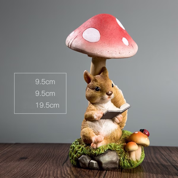 Decoratiune pentru Gradina, Flippy, Lumini LED cu Incarcare solara, 19.5 x 9.5 x 9.5 cm, Model Ciuperca cu Veverita care Citeste, Maro - imagine 2