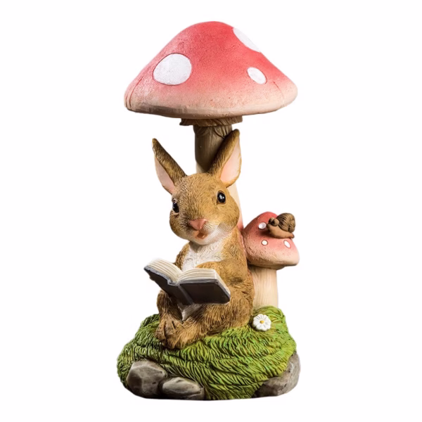 Decoratiune pentru Gradina, Flippy, Lumini LED cu Incarcare solara, 19.5 x 9.5 x 9.5 cm, Model Ciuperca cu Iepuras care Citeste, Maro deschis - imagine 1