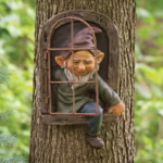 Decoratiune pentru Gradina, Flippy, Model Elf pentru Pom, Statuie pentru Gradina din Rasina, Decor pentru Gradina, Elf, 14.5 x 8 x 15 cm, Maro - imagine 2