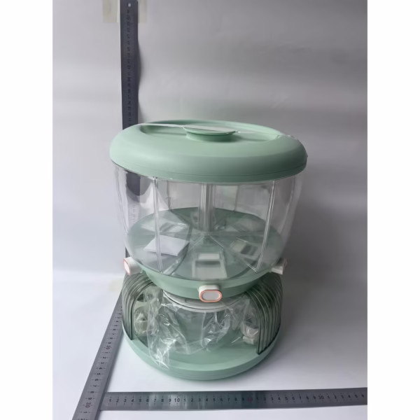 Dozator Etajat de Cereale Flippy, Rotativ 360, 6 Compartimente, Capacitate 10L, Cofraj Special pentru Oua, Vas pentru Scurgerea Cerealelor, 35x27.5 cm, Verde - imagine 13