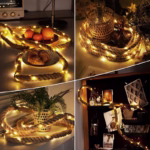 Instalatie Luminoasa, Flippy, cu Fir de Cupru, 2 m, 40 LED-uri, Model Sfoara de Canepa, cu Baterii, IP44, Alb Cald - imagine 4