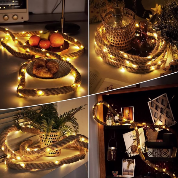 Instalatie Luminoasa, Flippy, cu Fir de Cupru, 2 m, 40 LED-uri, Model Sfoara de Canepa, cu Baterii, IP44, Alb Cald - imagine 4