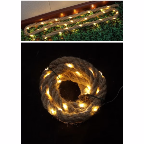 Instalatie Luminoasa, Flippy, cu Fir de Cupru, 3 m, 60 LED-uri, Model Sfoara de Canepa, cu Baterii, 8 Jocuri de Lumini, IP44, Alb Cald - imagine 2