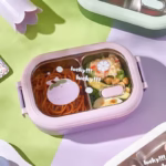 Cutie pentru Pranz sau Gustari, Flippy, cu Doua Compartimente, pentru Copii si Adulti, Etansare, PP, Perfect pentru Scoala si Birou, 1000 mL, 22.5x14.5x8 cm, Mov - imagine 3