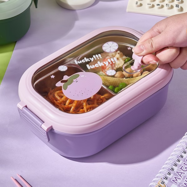 Cutie pentru Pranz sau Gustari, Flippy, cu Doua Compartimente, pentru Copii si Adulti, Etansare, PP, Perfect pentru Scoala si Birou, 1000 mL, 22.5x14.5x8 cm, Mov - imagine 9