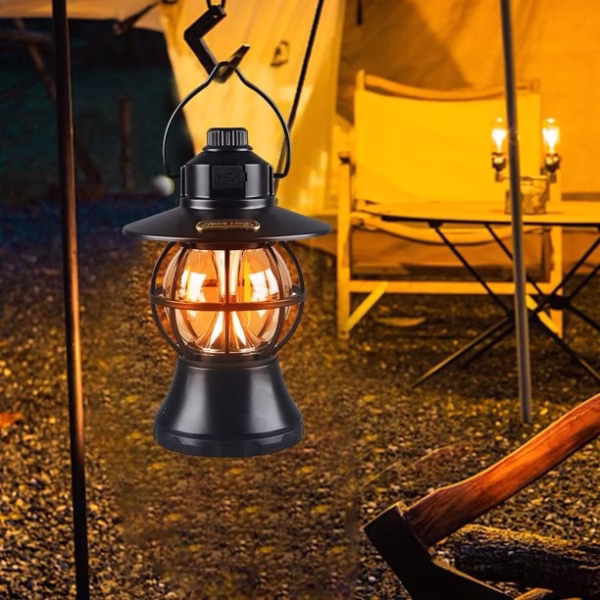 Lampă de Camping Retro Brico360, Felinar Vintage LED, Acumulator 1200mAh, Intensitate Reglabilă, 3 Moduri Lumină, Negru - imagine 2