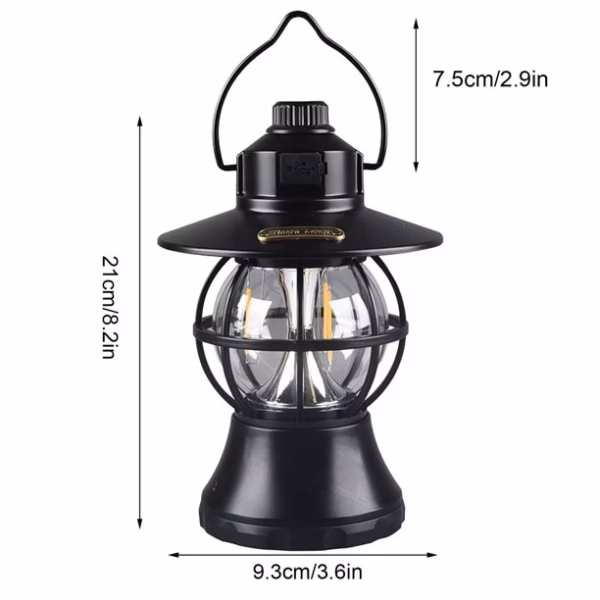 Lampă de Camping Retro Brico360, Felinar Vintage LED, Acumulator 1200mAh, Intensitate Reglabilă, 3 Moduri Lumină, Negru - imagine 4