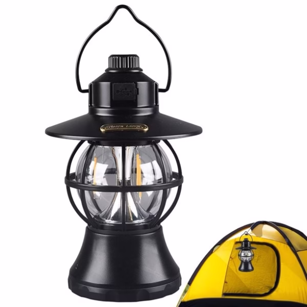 Lampă de Camping Retro Brico360, Felinar Vintage LED, Acumulator 1200mAh, Intensitate Reglabilă, 3 Moduri Lumină, Negru - imagine 7