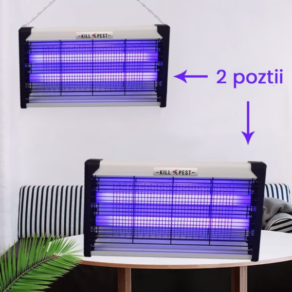 Lampa Electrica Anti Insecte, Flippy, Lumina Neon, 2 tuburi cu putere de 40W, Suspensie Perete, Carcasa din Plastic Metalica, 64 x 25 x 6 cm, Alb Negru - imagine 2