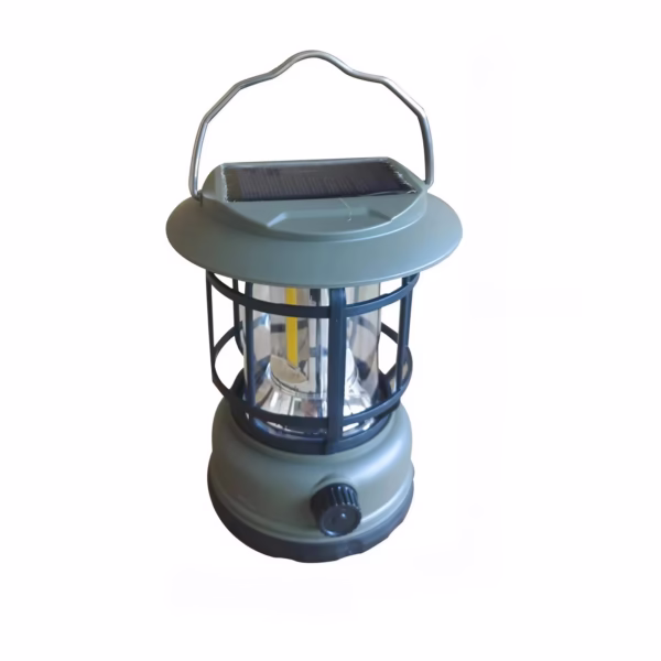 Lampa portabila camping, Felinar Vintage, ABS, Iluminare 30 COB LED, Intensitate reglabila, Acumulator inclus, Incarcare Solara si USB, 5W, Flippy, Verde - imagine 1
