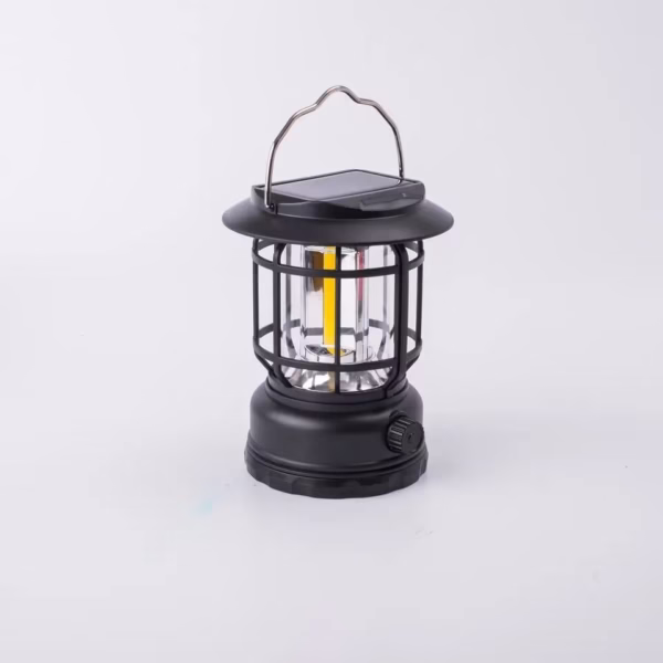 Lampa portabila camping, Felinar Vintage, ABS, Iluminare 30 COB LED, Intensitate reglabila, Acumulator inclus, Incarcare Solara si USB, 5W, Flippy, Negru - imagine 3