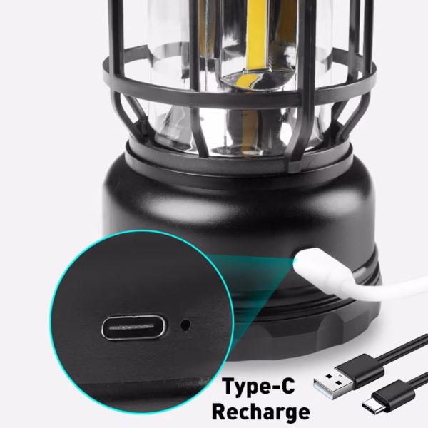 Lampa portabila camping, Felinar Vintage, ABS, Iluminare 30 COB LED, Intensitate reglabila, Acumulator inclus, Incarcare Solara si USB, 5W, Flippy, Negru - imagine 4
