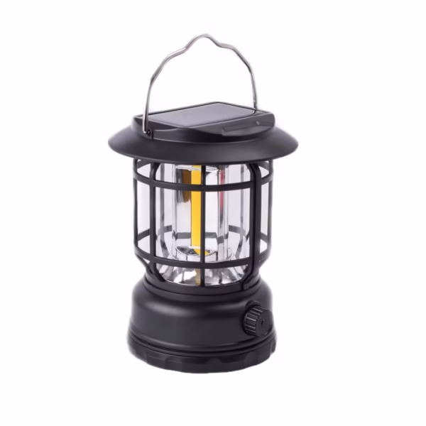 Lampa portabila camping, Felinar Vintage, ABS, Iluminare 30 COB LED, Intensitate reglabila, Acumulator inclus, Incarcare Solara si USB, 5W, Flippy, Negru - imagine 1