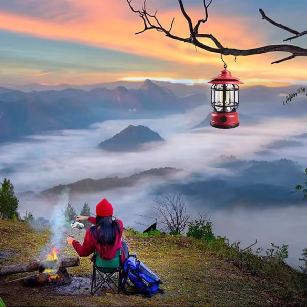Portable camping light, vintage lantern with hook, ABS, 21 COB LED lighting, adjustable intensity, 5W, reversible, red rechargeable - imagine 5