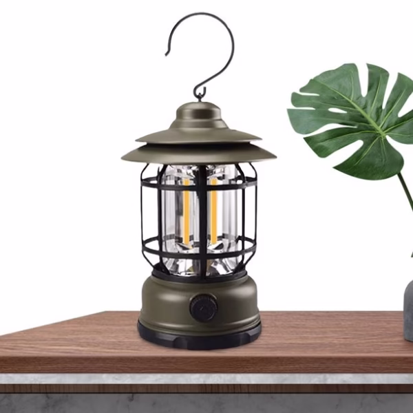 Lampa portabila camping, Felinar Vintage cu carlig, ABS, Iluminare 21 COB LED, Intensitate reglabila, 5W, Flippy, Verde - imagine 5