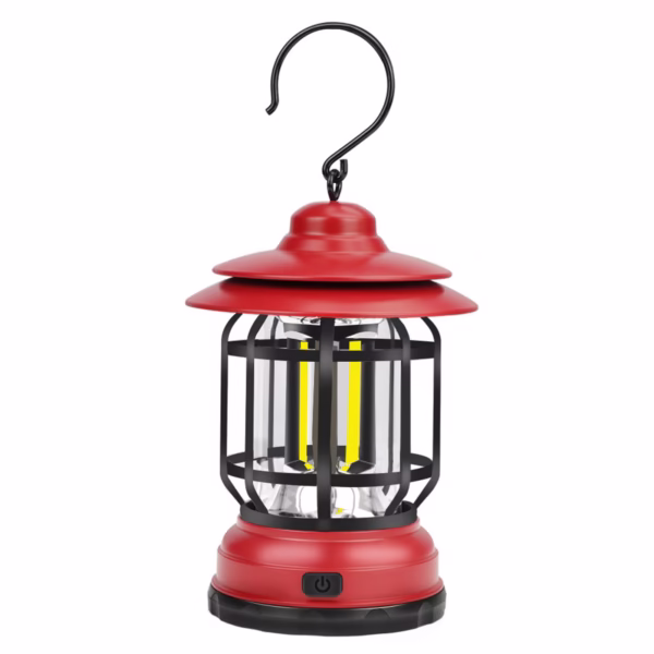 Portable camping light, vintage lantern with hook, ABS, 21 COB LED lighting, adjustable intensity, 5W, reversible, red rechargeable - imagine 1