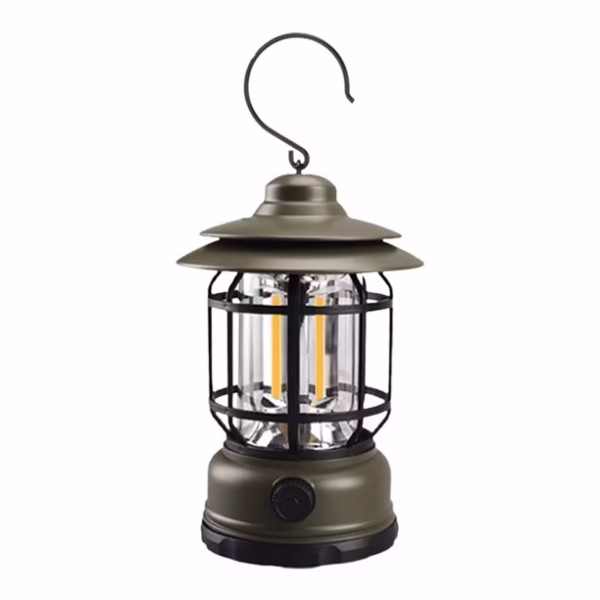 Lampa portabila camping, Felinar Vintage cu carlig, ABS, Iluminare 21 COB LED, Intensitate reglabila, 5W, Flippy, Verde - imagine 1