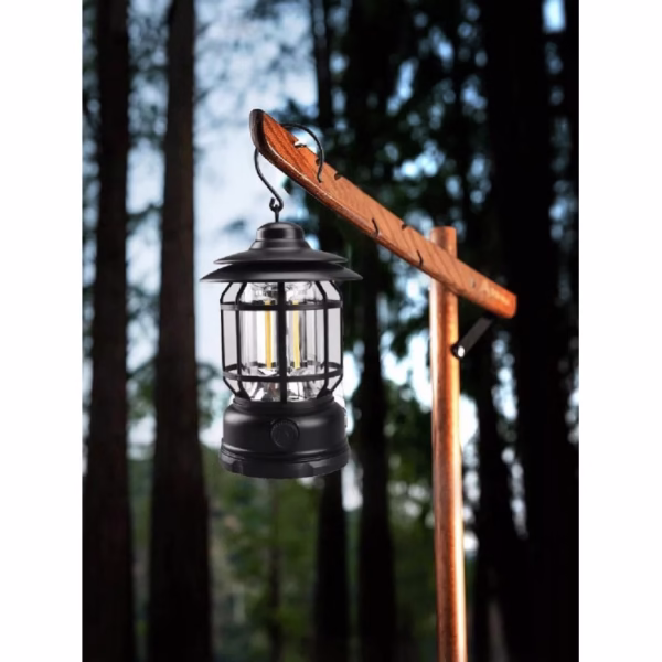 Lampa portabila camping, Felinar Vintage cu carlig, ABS, Iluminare 21 COB LED, Intensitate reglabila, 5W, Flippy, Negru - imagine 2