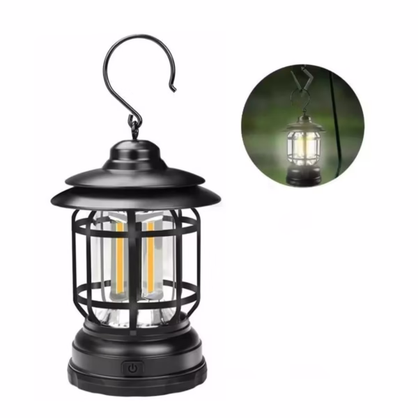 Lampa portabila camping, Felinar Vintage cu carlig, ABS, Iluminare 21 COB LED, Intensitate reglabila, 5W, Flippy, Negru - imagine 6