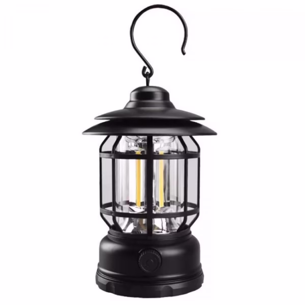 Lampa portabila camping, Felinar Vintage cu carlig, ABS, Iluminare 21 COB LED, Intensitate reglabila, 5W, Flippy, Negru - imagine 1