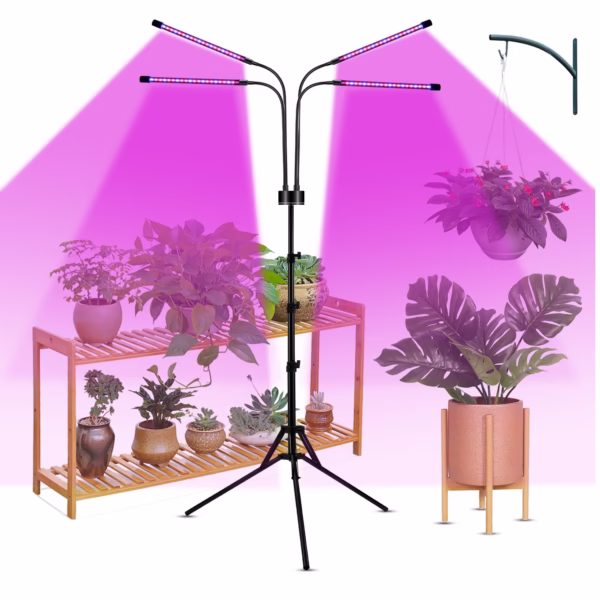 Lampa UV pentru cresterea plantelor, Flippy, 4 capete, putere 30W, 108 LED-uri Lampa cu lumina Ultra-Violet, Lampa cu Picior Ajustabil pana la 2 m, Lumina UV Mov - imagine 3