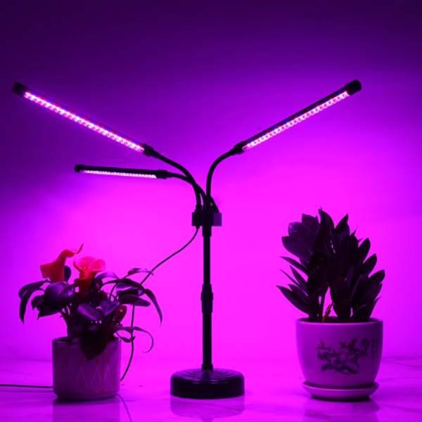 Lampa UV pentru cresterea plantelor, Flippy, Alimentare cu USB, 15W, 3 capete, 72 LED-uri, 9 nivele lumina, Timer, Inaltime Ajustabila pana la 65 cm Lumina Mov - imagine 1
