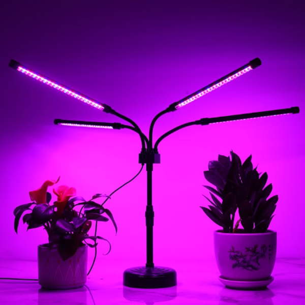 Lampa UV pentru cresterea plantelor, Flippy, Alimentare cu USB, 20W, 4 capete, 96 LED-uri, 9 nivele lumina, Timer, Inaltime Ajustabila pana la 65 cm Lumina Mov - imagine 1