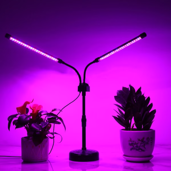Lampa UV pentru cresterea plantelor, Flippy, Alimentare cu USB, 10W, 2 capete, 48 LED-uri, 9 nivele lumina, Timer, Inaltime Ajustabila pana la 65 cm Lumina Mov - imagine 1