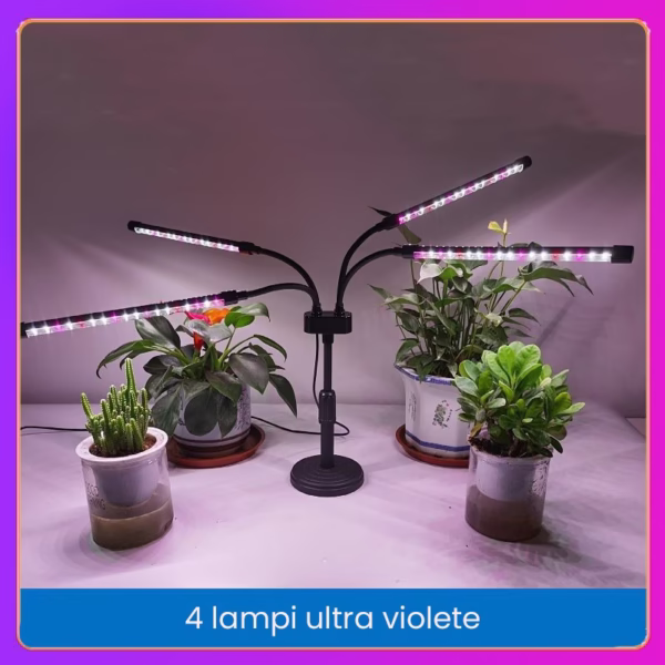 Lampa UV pentru cresterea plantelor, Flippy, conectare la retea, 20W, 4 capete, 72 LED-uri, ajustabila pana la 66.5 cm, Lumina Alb Mov  - imagine 5