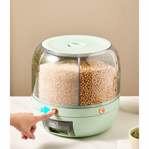 Dozator de cereale Flippy, rotativ 360, 6 compartimente, capacitate 6 L, rezistent la umezeala, inchidere etansa, verde deschis - imagine 3