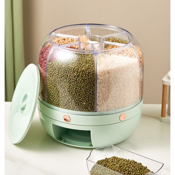 Dozator de cereale Flippy, rotativ 360, 6 compartimente, capacitate 6 L, rezistent la umezeala, inchidere etansa, verde deschis - imagine 5