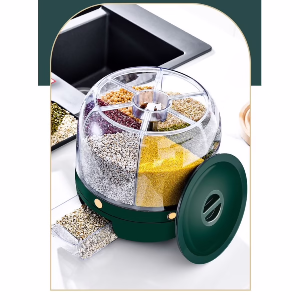 Dozator de cereale Flippy, rotativ 360, 6 compartimente, capacitate 3 L, rezistent la umezeala, inchidere etansa, verde inchis - imagine 13