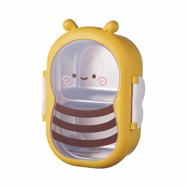 Cutie pentru Pranz, Flippy, din PP si Otel Inoxidabil, Model Albina, 2 Compartimente, 301-500 ml, Galben - imagine 1