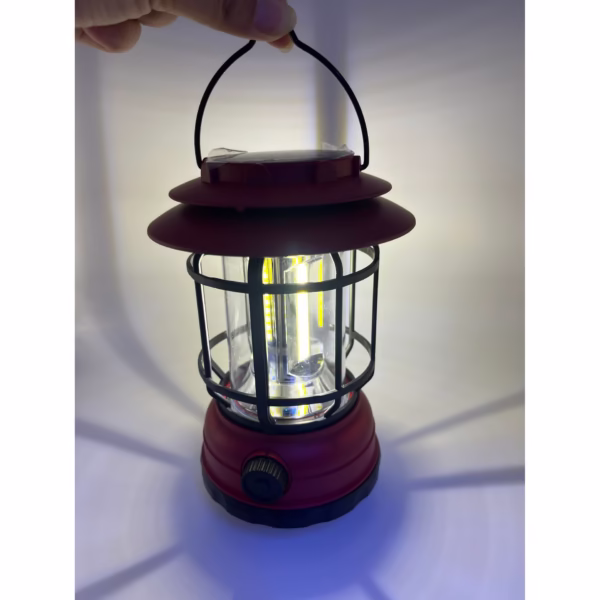 Lampa portabila camping, Felinar Vintage, ABS, Iluminare 30 COB LED, Intensitate reglabila, Acumulator inclus, Incarcare Solara si USB, 5W, Flippy, Rosu - imagine 3