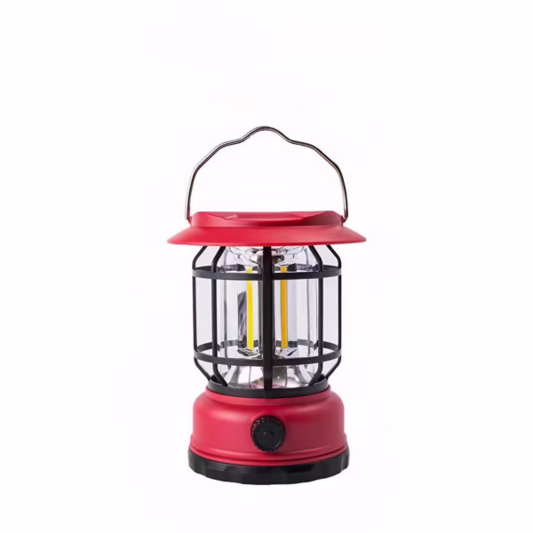 Lampa portabila camping, Felinar Vintage, ABS, Iluminare 30 COB LED, Intensitate reglabila, Acumulator inclus, Incarcare Solara si USB, 5W, Flippy, Rosu - imagine 1