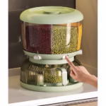 Dozator Etajat de Cereale Flippy, Rotativ 360, 6 Compartimente, Capacitate 10L, Cofraj Special pentru Oua, Vas pentru Scurgerea Cerealelor, 35x27.5 cm, Verde - imagine 2
