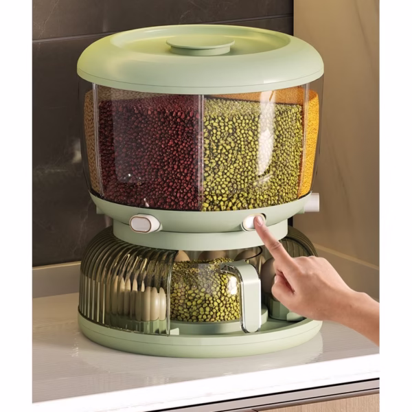 Dozator Etajat de Cereale Flippy, Rotativ 360, 6 Compartimente, Capacitate 10L, Cofraj Special pentru Oua, Vas pentru Scurgerea Cerealelor, 35x27.5 cm, Verde - imagine 2